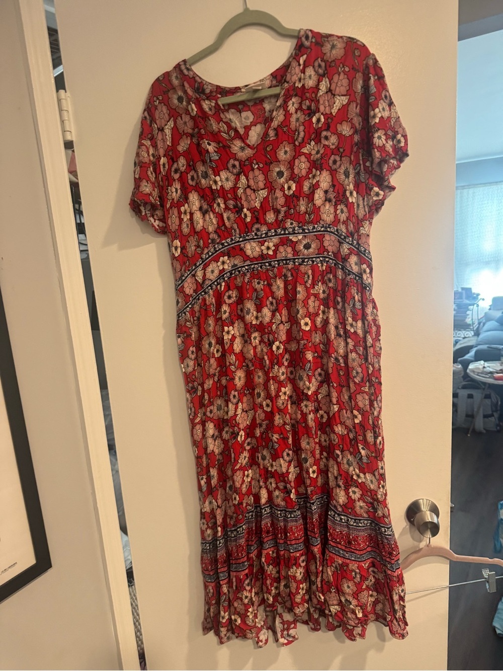 Knox Rose Red Floral Boho Midi Dress Border Print Short Sleeve XXL